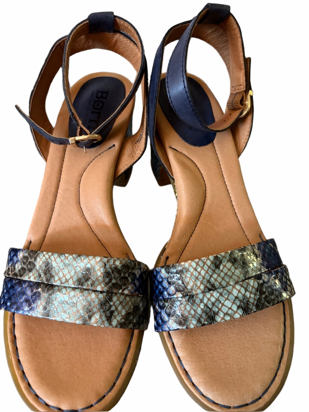 Born frill sandals leather/blue snakeskin print heeled sandals size 7 2” Heel